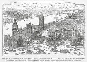 Casas do Parlamento, Abadia de Westminster, Westminster Hall, Monumentos da Crimeia e de Canning (gravura) de English School