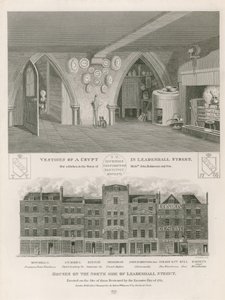Casas no lado norte da rua Leadenhall, erguidas no local das destruídas pelo extenso incêndio de 1765 de English School
