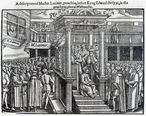 Hugh Latimer (c.1485-1555) Pregação diante do rei Eduardo VI (1537-1553) em Westminster em 1547, de &39;Atos e Monumentos&39; de John Foxe (1516-87) 1563 de English School