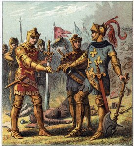 Guerra dos Cem Anos: Batalha de Poitiers (1356). O Rei da França João II o Bom (1319-1364) reconheceu a sua derrota e foi para Edward Plantagenet da Inglaterra (Edward of Woodstock Brackembury de English School