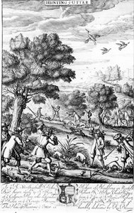 Caçando a lontra, de "recreação do cavalheiro" publicada por Richard Blome, 1686 de English School