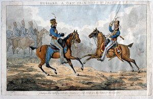 Hussardos, Uma vista perto de Mont St Jean (aquatint colorido) de English School