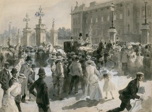 Doença do rei Edward VII, os médicos deixam o palácio, junho 1902 (wc no papel) de English School