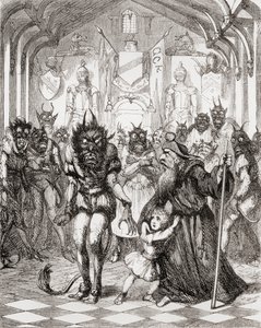 Ilustração depois de George Cruikshank para o poema "The Lay of St. Cuthbert", de "The Ingoldsby Legends ou Mirth and Marvels", de Thomas Ingoldsby, publicado em 1865 de English School