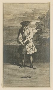 Ilustração retratando um homem jogando croquet de English School
