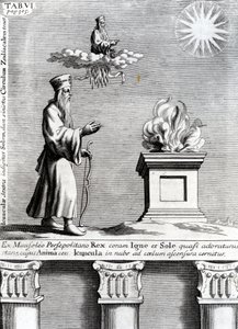 Ilustração de Zoroaster adorando fogo e o sol, 1697 de English School