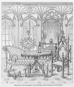 Ilustração do estilo extravagante de mobiliário gótico moderno e decoração, de verdadeiros princípios de apontado de arquitetura cristã, por Augustus Welby Pugin (1812-52) de English School
