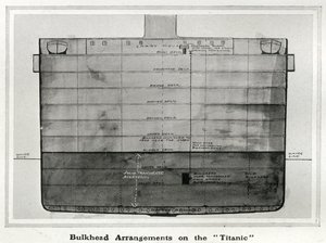 Ilustração mostrando uma secção transversal do arranjo das anteparas no Titanic, de "The Sphere", 20 de Abril de 1912 (litho) (detalhe de 450856) de English School