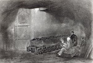 Na mina de carvão, ilustração de "Uma história do carvão, coque, campos de carvão e fabricação de ferro no norte da Inglaterra" por W.Fordyce, publicado em 1860 de English School