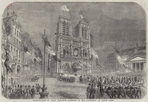 Inauguração de Louis Napoleon, Exterior da Catedral de Notre Dame (gravura) de English School