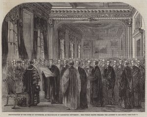 Inauguração do Duque de Devonshire como Chanceler da Universidade de Cambridge, o Orador Público lendo o Discurso a Sua Graça (gravura) de English School