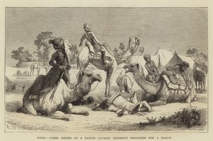 Índia, Camel Riders of a Native Cavalry Regiment preparando-se para uma Marcha (gravura) de English School