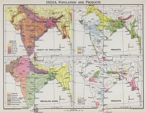 Índia, população e produtos (cor litho) de English School