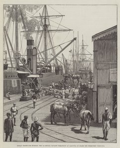 Tropas indianas para Burmah, a 7ª Cavalaria de Bengala embarcando em Calcutá a bordo do navio a vapor Nerbudda (gravura) de English School