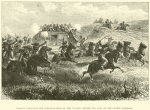 Índios atacando o Correio Terrestre nas planícies antes dos dias da Estrada de Ferro do Pacífico de English School
