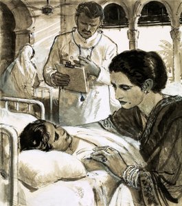 Indira Gandhi cuidando de uma criança no hospital de English School