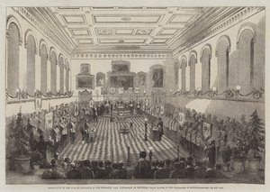 Instalação do Duque de Newcastle na Sala da Mecânica de Nottingham como Grande Mestre Provincial dos Maçons de Nottinghamshire (gravura) de English School
