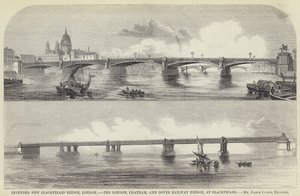 Ponte Nova Blackfriars prevista, Londres, a ponte ferroviária de Londres, Chatham e Dover, em Blackfriars (gravura) de English School