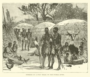 Interior, de, um, zulu kraal, ligado, a, rio tugela de English School