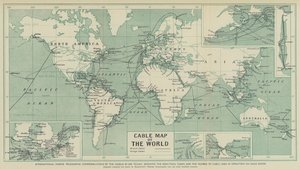Comunicações telegráficas marítimas internacionais do mundo em uso hoje em dia, mostrando as direcções tomadas e o número de linhas de cabo em funcionamento em cada rota (litho) de English School
