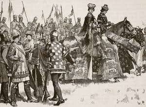 Entrevista entre Becket e King Henry, ilustração de Cassells Illustrated History of England (foto em sépia) de English School