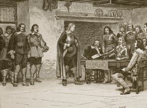 Entrevista entre Charles e o Conde de Denbigh, ilustração de Cassells Illustrated History of England (foto em sépia) de English School