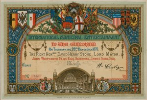 Convite para a International Municipal Entertainment no Guildhall, Londres, em 29 de julho de 1875 de English School