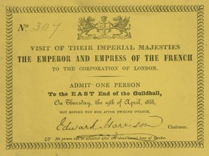 Convite para a visita de suas Majestades Imperiais, o Imperador e a Imperatriz dos Franceses, no Guildhall, Londres, em 19 de abril de 1855 de English School