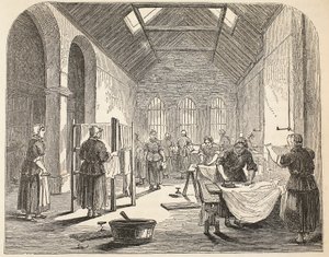 Sala de passar roupa na prisão de Brixton, ilustração das prisões criminosas de Londres e cenas da vida da prisão por Henry Mayhew e por John Binny, bar. 1862 de English School