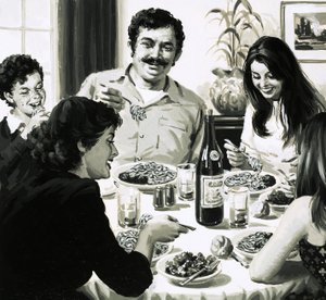 Família italiana comendo espaguete para o jantar de English School