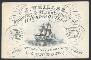 J Weiller, importador e fabricante de Hambro Quills, 2 Tenter Street, cartão comercial de English School