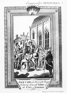 Jack Cade (d.1450) no reinado de Henrique VI, declarando-se senhor da cidade de Londres, gravado por Spencer. de English School