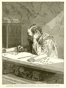 Escriba japonês produzindo livro-rolo de English School