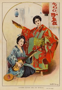 Rapariga japonesa a dançar e músico (litografia a cores) de English School