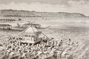 Pescadores japoneses a celebrar o Gots-Tennoo no século XIX (litografia) de English School