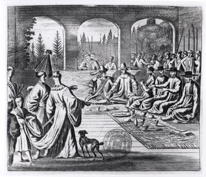 Jesuitas com mercadores holandeses e portugueses na corte do imperador japonês, ilustração de A Memorable Embassy to the Emperor of Japan de Arnold Montanus, publicada em Londres 1670 de English School