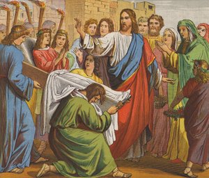 Jesus Cristo ressuscitando o filho da viúva de Naim (litografia a cores) de English School