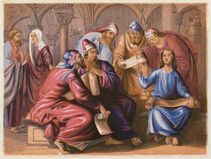 Jesus com os doutores (litografia a cores) de English School