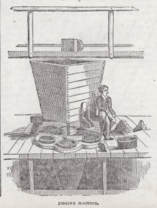 Máquina de jigging, mina de cobre Cornish (gravura) de English School