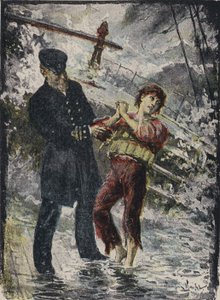 John Alexander Strachan, capitão do navio a vapor Cyprian, dando seu colete salva-vidas a um jovem clandestino antes que o navio naufragasse em um vendaval na costa galesa em 1881 (lito colorido) de English School