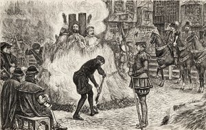 John Bland, John Frankesh, Nicholas Sheterden e Humphrey Middleton queimaram vivos por heresia no século XVI, c.1865 (gravura em madeira) de English School