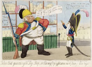 John Bull Guardando a Loja de Brinquedos, ou Boney Crying for Some More Play Things, pub. por SW Fores, 1803 (gravura colorida) de English School