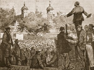 John Burns, abordando uma reunião de estivadores em Tower Hill, 1889, ilustração da história ilustrada de Cassells da Inglaterra (foto sépia) de English School