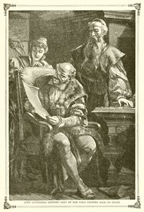 John Gutenberg mostrando parte do primeiro livro impresso para Faust de English School