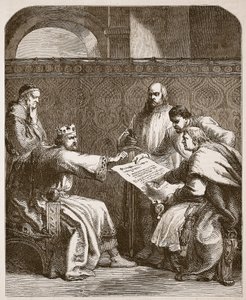 John recusando-se a assinar os artigos dos Barões, ilustração de Cassells Illustrated History of England (foto em sépia) de English School