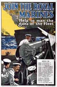 Junte-se aos fuzileiros navais reais - ajude a equipar as armas da frota, poster do recrutamento da Primeira Guerra Mundial