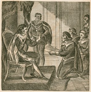 Rei Carlos I recebendo uma petição dos Comuns para atribuir-lhes o poder de arrecadar exércitos (gravura) de English School