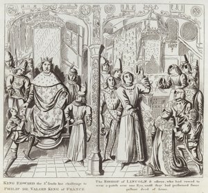 Rei Eduardo 3o envia seu Desafio a Filipe de Valois Rei da França, o Bispo de Lincoln e outros, que haviam prometido usar um Tapa-olho em um Olho, até que eles tivessem realizado algum Bautismo de A de English School