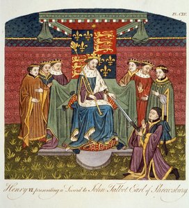 Rei Henrique VI (1421-71), apresentando uma espada a John Talbot (c.1388-1453) Conde de Shrewsbury, ilustração de A Visão Completa do Traje e Hábitos do Povo da Inglaterra, Volume II, publicado em 17 de English School