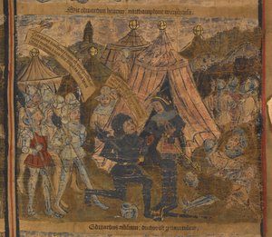 Rei Henrique VI levado cativo após a batalha de Northampton em 1460 por Eduardo de York (depois Rei Eduardo IV) e os Condes de Warwick e Salisbury, ilustração de "Typological Life and Genealogy of Edward IV", c.1460-70 (vellum) de English School